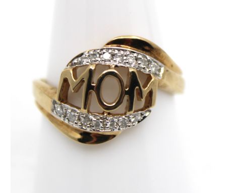 9ct Yellow Gold "MOM" Diamond Ring  The ring says "MOM" in 9ct Gold surrounded by fourteen melee Round Brilliant Cut Diamonds