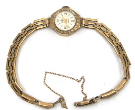 Vintage Ladies 9ct Gold Uno 21 Jewels Hand Winding Watch with 9ct Gold Bracelet with safety chain The watch face width measur