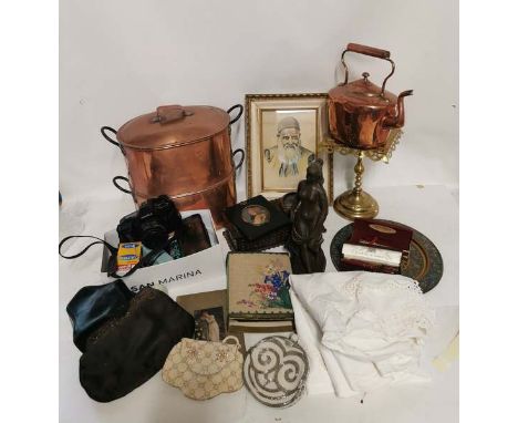 A quantity of miscellaneous items to include; copper steaming pans, kettle and trivet, Iranian watercolour by 'Demon', Yashic