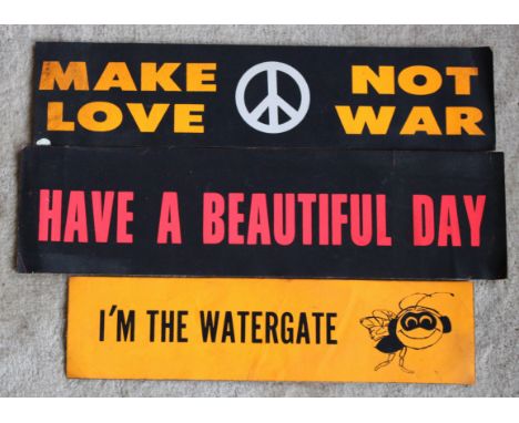 Three 1960's unused American bumper stickers. 1. An anti war movement bumper sticker to protest Vietnam  - " Make Love Not Wa