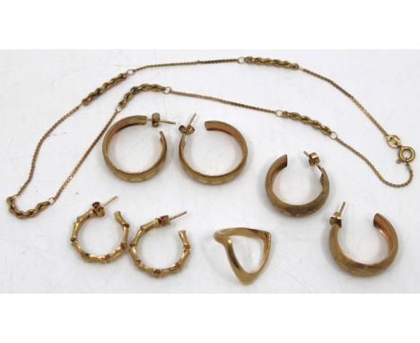 Selection of 9ct Gold Jewellery. To include three pairs of 9ct Gold Hoop Earrings, a 9ct Gold Wishbone Ring and a 9ct Gold fi