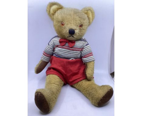  Vintage Large Chad valley ( no Label) 27” golden 1950s articulated teddy bear-dressed in a red shorts set. Amber glass eyes 