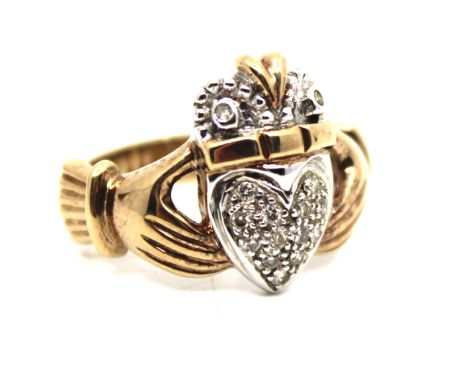 Men's 9ct Yellow Gold 0.20ct Total Diamond Claddagh Ring  The ring is hallmarked "375" for 9ct Gold and ".20" for 0.20ct, 1/5