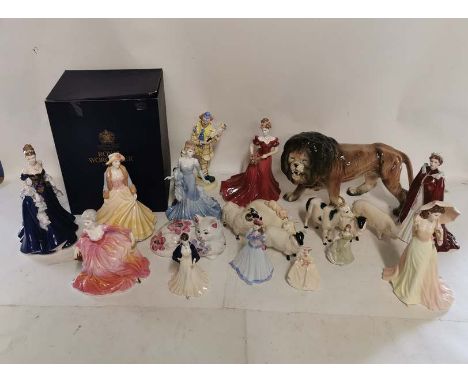 A collection of bone china figures to include Royal Worcester ladies, Coalport Ladies, Beswick animals, A Royal Doulton Goat 