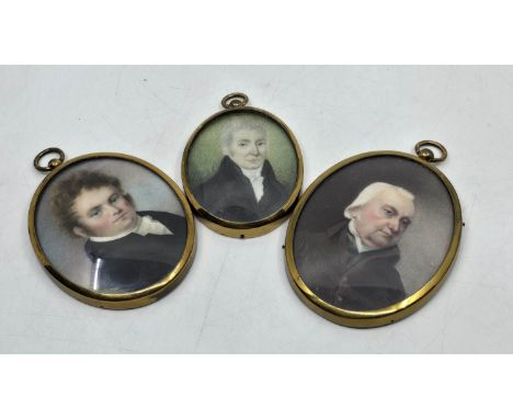 A collection of three 19th century Watercolour portrait miniatures each depicting a distinguished Gentleman. English School. 