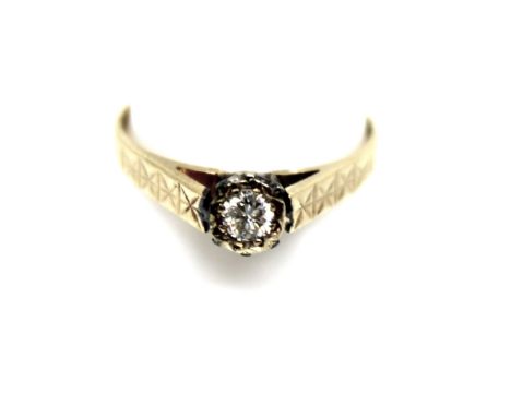 9ct Yellow Gold Approx. 0.10ct Solitaire Round Brilliant Cut Diamond Ring.  The Solitaire Round Brilliant Cut Diamond is Whit