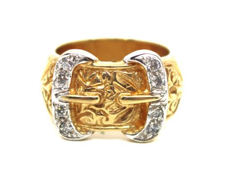 Men's 9ct Yellow Gold Cubic Zirconia Buckle Ring  The ring contains eight Round Brilliant Cut Cubic Zirconia's that each meas