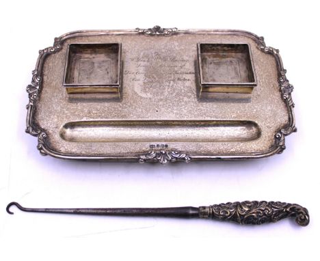 Mappin & Webb Sterling Silver Engraved Inkwell Stand with turned out feet (Missing Glass Inkwells) and Weighted Sterling Silv