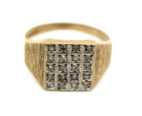 Men's 9ct Yellow Gold Diamond Square Pave Ring  The ring contains twenty melee Round Brilliant Cut Diamonds that are set in a