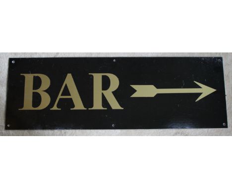 A bendy Metal Arrowed "Bar" sign. Gilt lettering and Arrow on a black background 30cm x 91.5cm  
