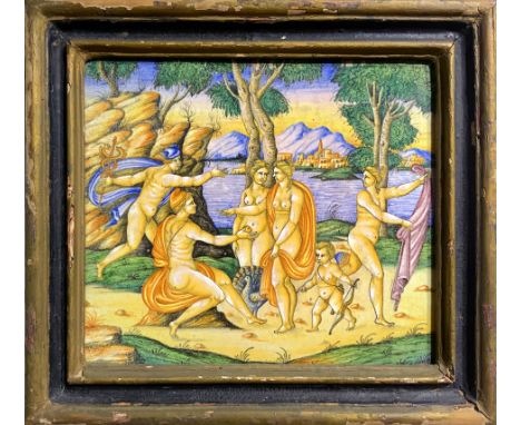 Castelli (Grue circle?) majolica tile. With a scene depicting the Judgment of Paris, eighteenth century. 21,5x25,5 cm. In woo