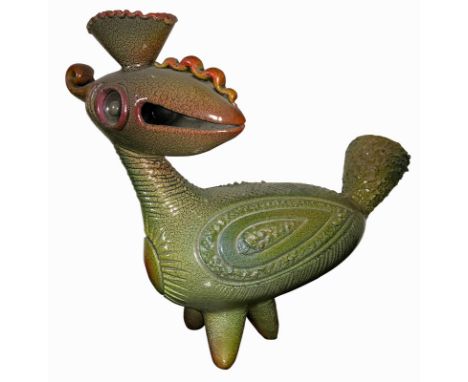 Italian prodcution from the 1970s. Ceramic sculpure, red and green coloured, representing a stylized bird 23x40