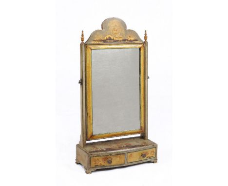A green lacquer and gilt Chinoiserie decorated dressing mirror, 19th century and later, decorated with scenes of figures and 