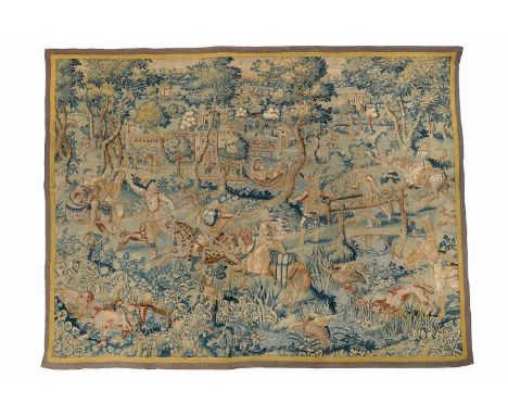 A Flemish woven tapestry depicting a hunting scene with falconry, first half 17th century, of rectangular form, with figures 