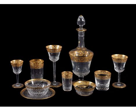 A modern St. Louis cut glass and gilt acid-etched part table service: comprising:  eight red wine goblets; eight white wine g