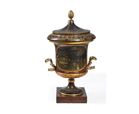 ϒ ‡A fine Flemish gilt metal mounted tôle peinte and mother-of-pearl inset celaret or cistern in the form of an urn, mid 19th