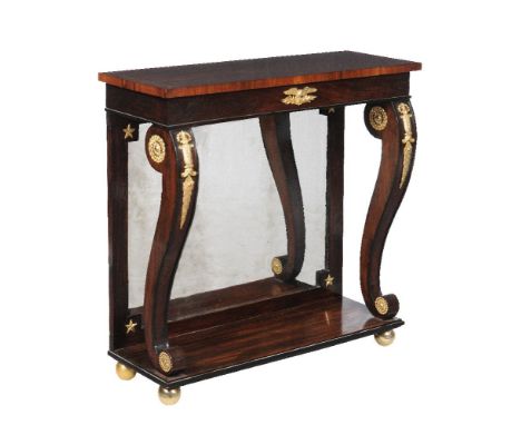 ϒA pair of simulated rosewood, rosewood and gilt metal mounted console tables, in Regency style, 19th century and later eleme