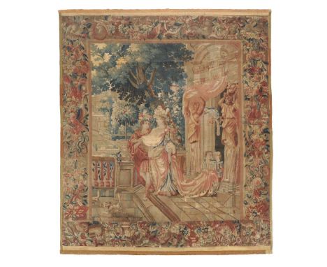 A Franco-Flemish tapestry depicting a marriage scene, late 17th century, with central figures of an opulently attired man and