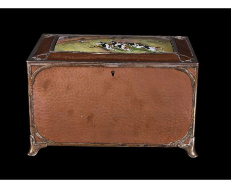 A Gorham &amp; Co. 'Athenic' spot-hammered copper and silver mounted cigar box and hinged cover, circa 1910, the hinged cover