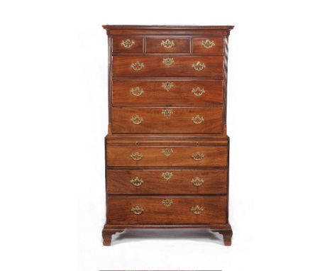 A George II mahogany chest on chest, circa 1750, the moulded cornice above the upper section comprising of three short and th
