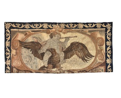 A Louis XIV tapestry fragment, mid 17th century, possibly part of a portière, of rectangular form, depicting a putto holding 