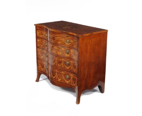 A George III mahogany and marquetry decorated serpentine fronted chest of drawers, circa 1780, the goncalo alves banded top c