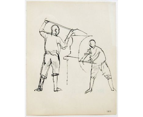 KEITH VAUGHAN [1912-77]. Two Engine Stokers, 1955. Ink. Studio stamp initials on reverse of drawing. 25 x 20 cm [overall incl