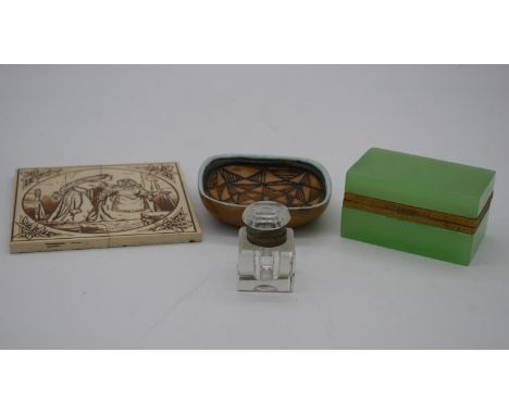 A collection of ceramics and glass. Including a Murano green opaline and gilt metal box with makers label to base, a Minton t