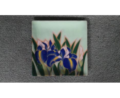 An enamel on copper square dish with Iris flower design. W.24 H.24 