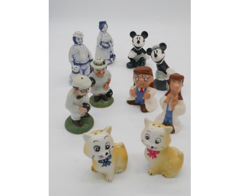 Five pairs of vintage novelty hand painted ceramic salt and pepper shakers. Incuding Tetley Tea and Minnie and Micky mouse. 