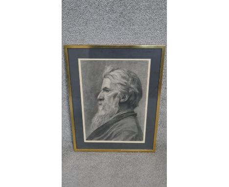 A framed and glazed print of a charcoal portrait of an elderly gentleman. Unsigned. H.55 W.64cm (Largest) 