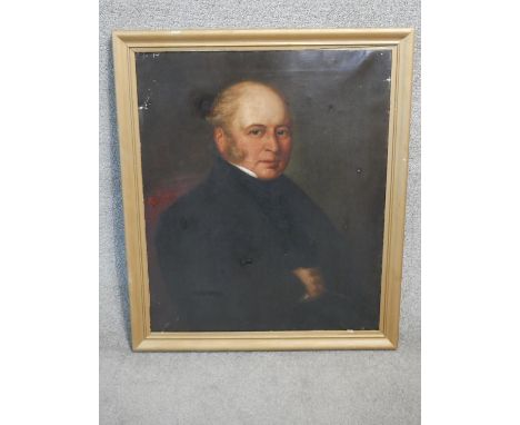 A 19th century oil on canvas portrait of a gentleman in smart dress. Unsigned. H86 W72 