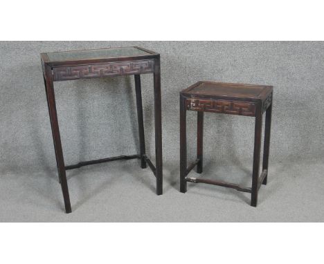 A C.1900 Chinese hardwood lamp table along with a smaller example. H.70 W.49 D.35cm (Largest) 