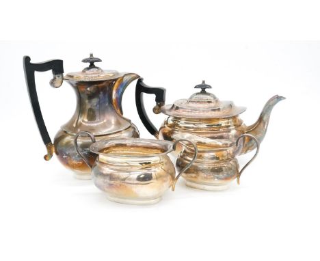 A four piece silver plated coffee and tea service, the tea pot and coffee pot having ebony handles. Stamped to the base. H.22