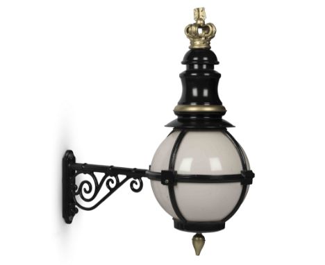 A set of four large black die cast aluminium 'globe' wall lights made by William Sugg &amp; Co.First seen in Season 2, for th