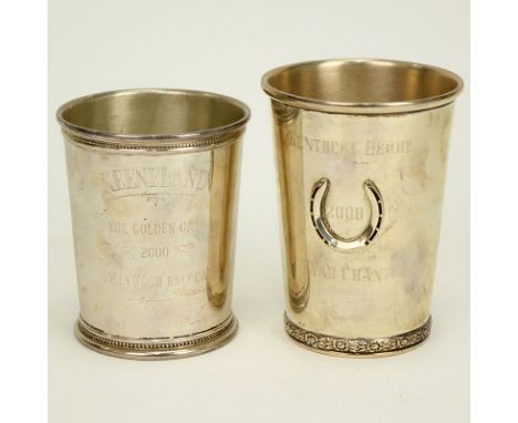 Two (2) Sterling Silver Julep Cups. Kentucky Derby 2000 "War Chant" and Keeneland The Golden Gate 2000 "Hollywood Bald Cat". 