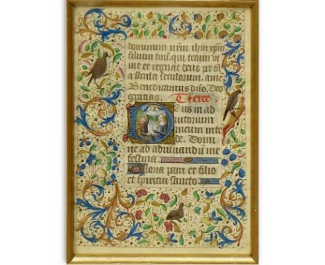 Early Hand Painted Illuminated Manuscript in finely carved and giltwood 19th Century Frame. Toning from age, age splits on fr