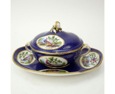 18th Century Sevres Porcelain Cobalt Blue and Gilt Ecueille and Cover with Underplate, circa 1770-1780). Gold tracery and pai