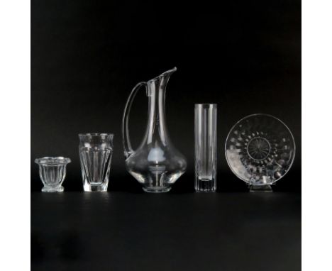 Grouping of Five (5) Baccarat Tabletop Items. Includes: handled pitcher, small plate, small flower vase, tall vase, and jam j