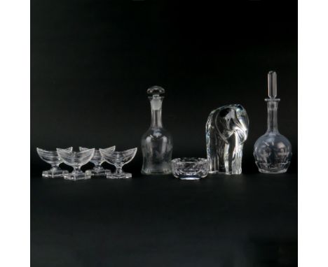 Grouping of Eight (8) Crystal Tabletop Items. Includes: Orrefors elephant figurine, two decanters (one Orrefors), four Waterf