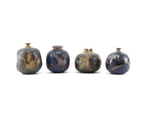 Grouping of Four (4) Terrin Levitt Ceramic Vases. Signed. Each vase is semi glazed and painted with short spout. Good conditi