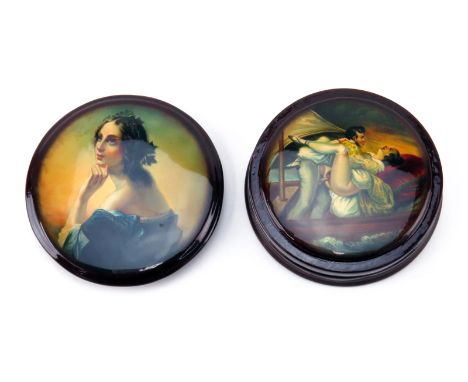 Russian Lacquer Three Part Round Snuff Box with Erotica Scene to Interior. Signed. Very good condition. Measures 1" H, 3" Dia