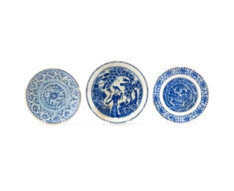 Grouping of Three (3) 17th Century Persian Blue and White Glazed Ceramic Dishes. Provenance: acquired from David Kahlili, Lon