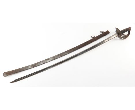 Antique Continental Sword. Patterned blade, dent free scabbard. Signed (illegible). Light rust or in good condition. Measures
