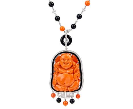 Exceptional Art Deco style Approx. 3.45 Carat Round Brilliant Cut Diamond, Carved Coral, Onyx and Platinum Hotei Pendant Neck