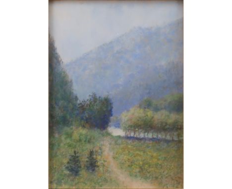 Possibly George Wright, American (1872-1951) "Untitled" Pastel on Board. Depicts a landscape scene with mountainous region in