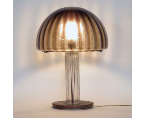 Mid Century Modern Fluted Glass and Copper Mushroom Lamp. Unsigned. Small chips to interior rim of shade otherwise good vinta