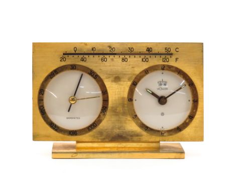 Vintage Le Coultre Brass Barometer Thermometer Desk Clock. Signed. Wear and rubbing, not running. The gallery does not warran