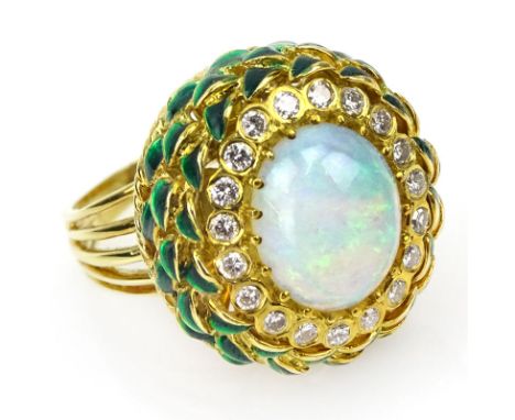 Cabochon Opal, Round Brilliant Cut Diamond, Enamel and 18 Karat Yellow Gold Ring. Opal with good play of multi color. Stamped