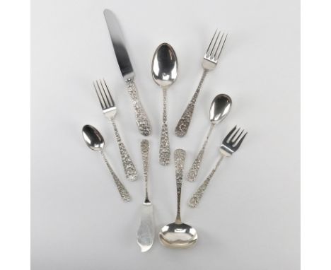 Rose (Seventy One (71) Piece Stieff Rose (Repousse) Sterling Flatware. Includes: 12 forks 7-3/8", 12 knives 8-3/4", 14 lunche